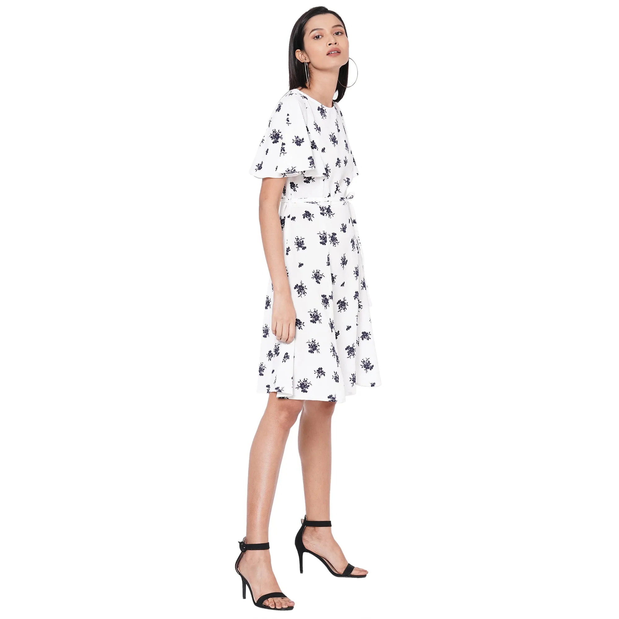 109F White Printed Dress With Tie Up At Waist