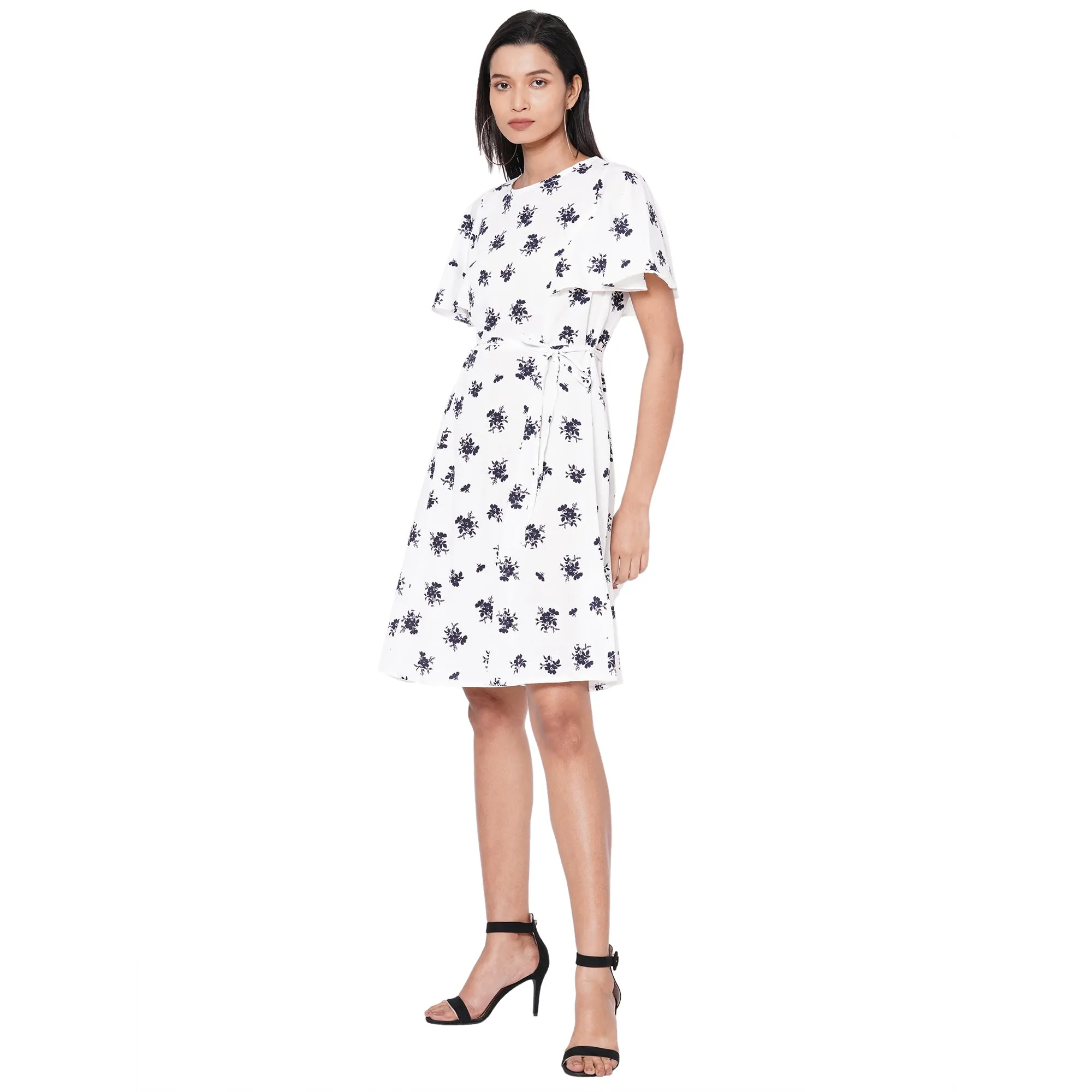 109F White Printed Dress With Tie Up At Waist