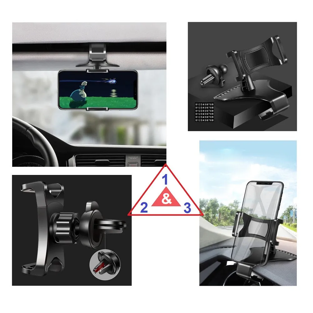3 in 1 Car GPS Smartphone Holder: Dashboard / Visor Clamp   AC Grid Clip for Zopo Speed 7, ZP951 - Black