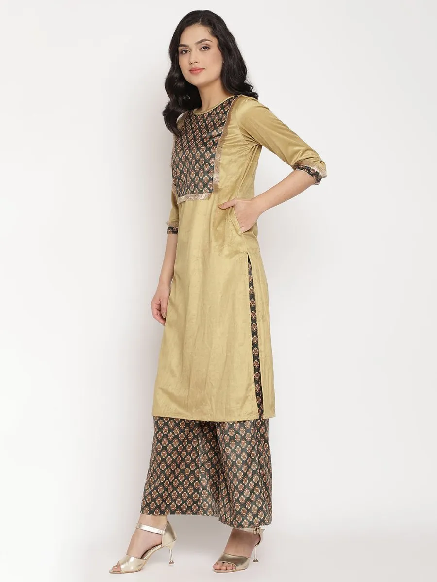 Ahalyaa Women's Mustard Color Digital Print Velvet Kurta With Palazzo