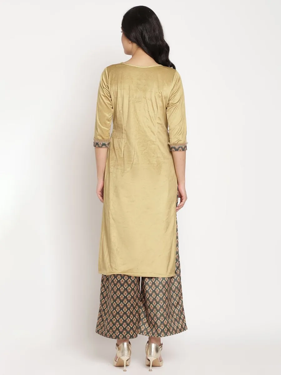 Ahalyaa Women's Mustard Color Digital Print Velvet Kurta With Palazzo