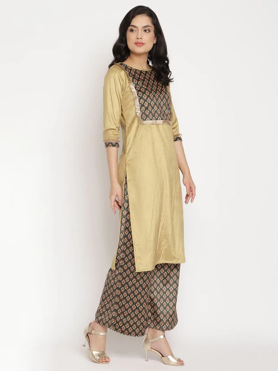 Ahalyaa Women's Mustard Color Digital Print Velvet Kurta With Palazzo