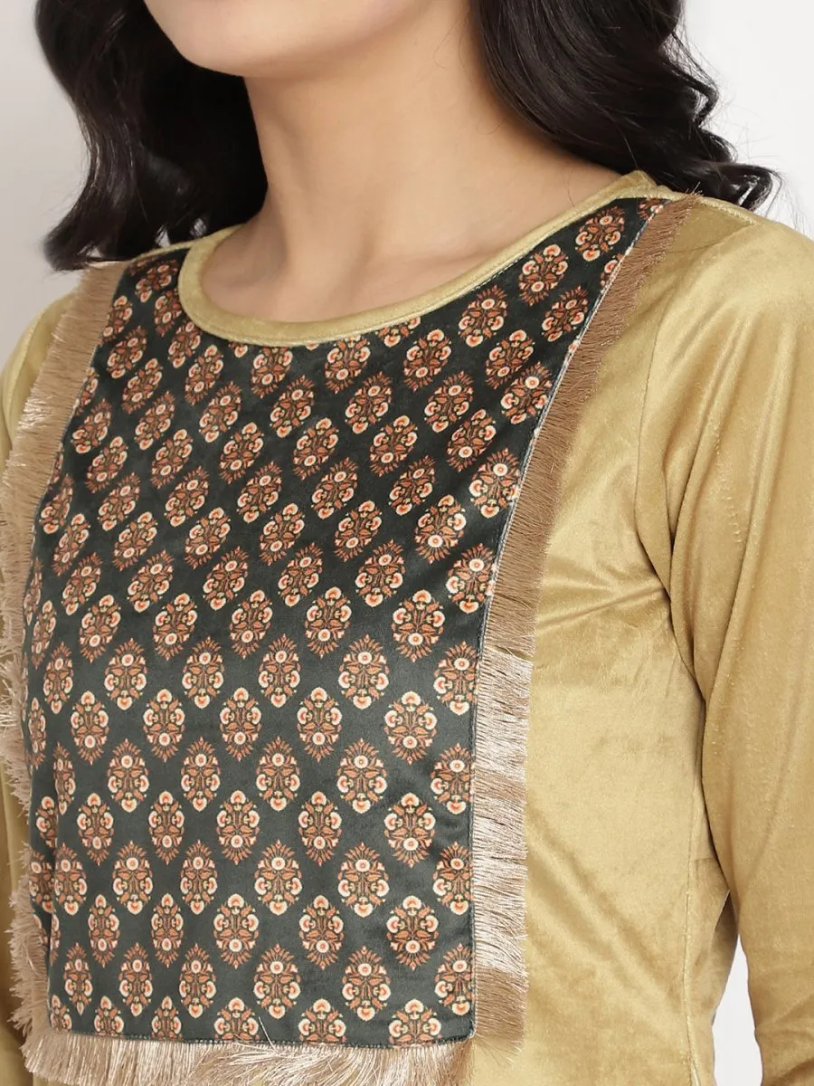 Ahalyaa Women's Mustard Color Digital Print Velvet Kurta With Palazzo