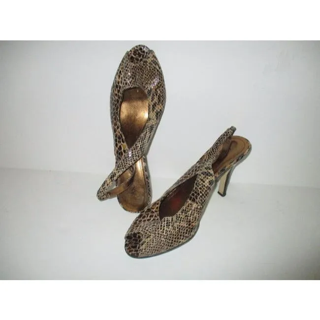 Anne Klein Taupe Ak Lizard Print Glossy Open Toe Slingback Pumps Size Us