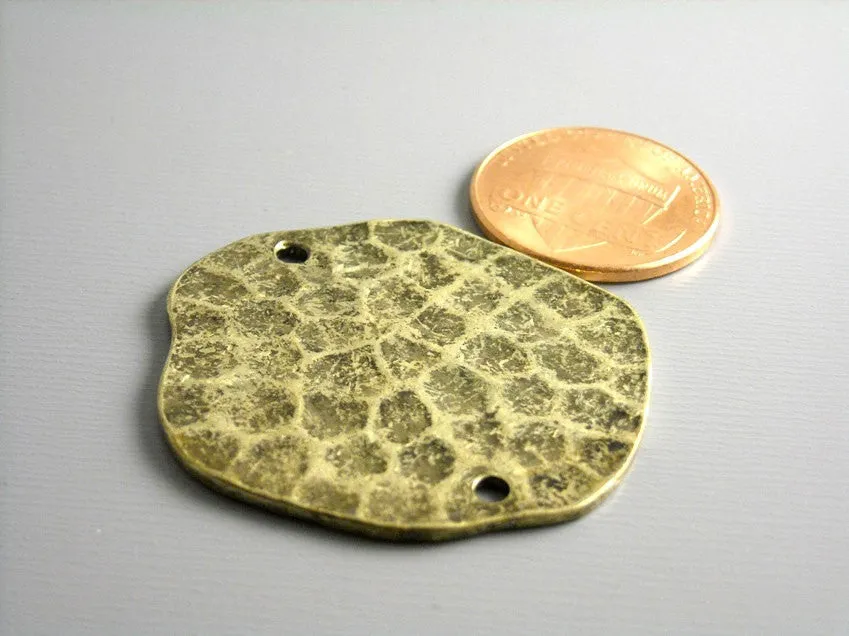 Antiqued Brass Asymmetrical Hammered Flat Disc Links, 33mm diameter - 2 pieces