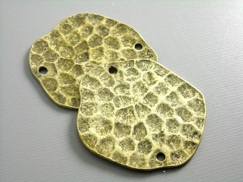 Antiqued Brass Asymmetrical Hammered Flat Disc Links, 33mm diameter - 2 pieces