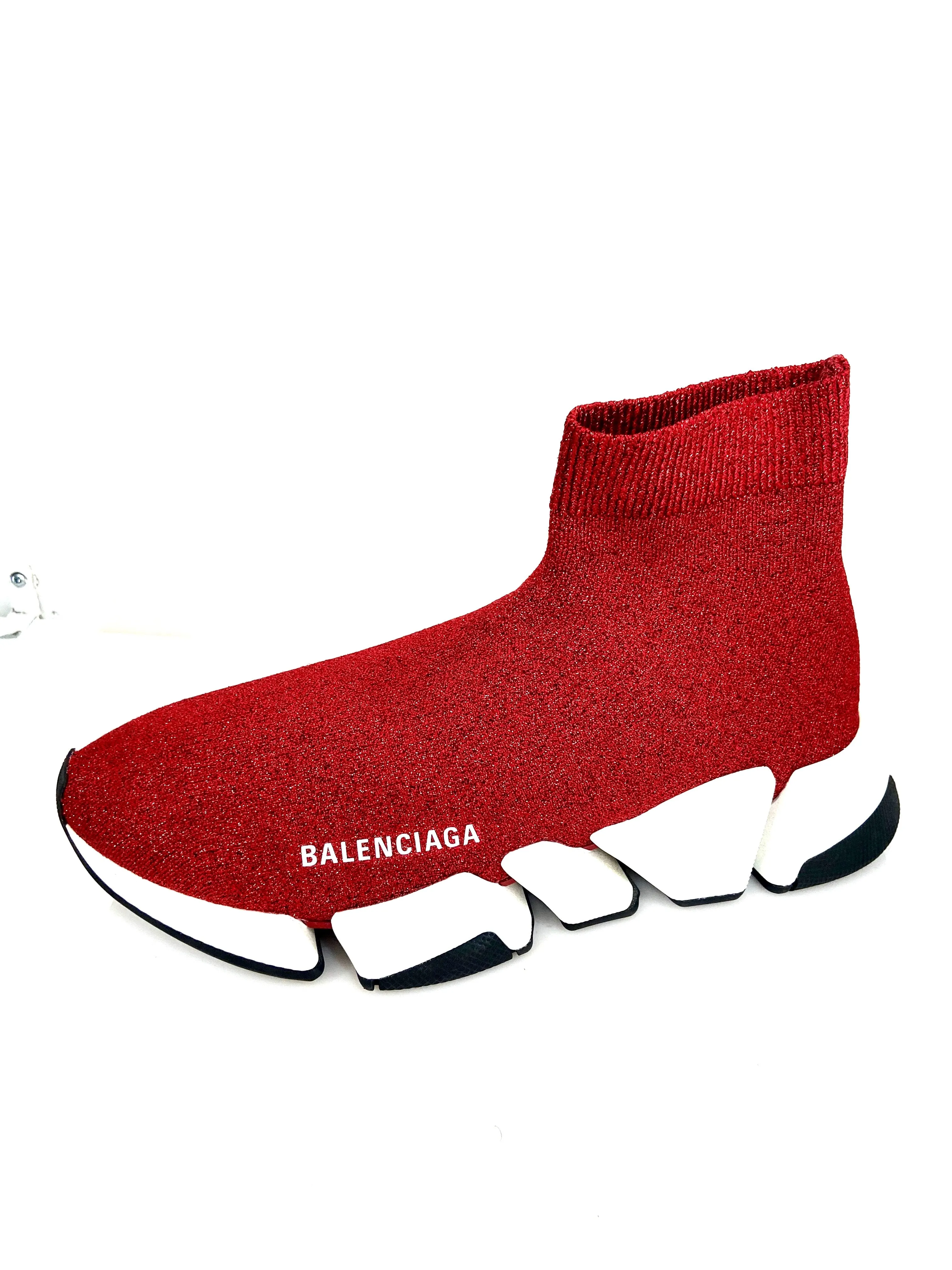 BALENCIAGA SPEED 2.0 RED GLITTER SNEAKERS