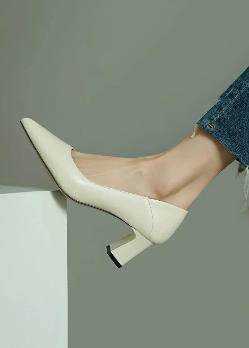Belinda Block Heel Genuine Leather Pointed Toe Pumps