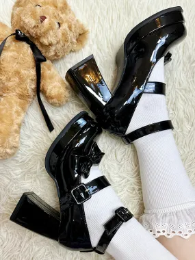Black Detachable Bowknot Platform High Block Heels Lolita Shoes