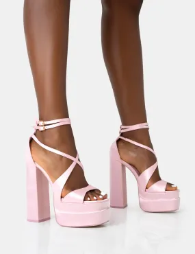 Breanna Baby Pink Satin Strappy Ankle Double Platform Block Heels