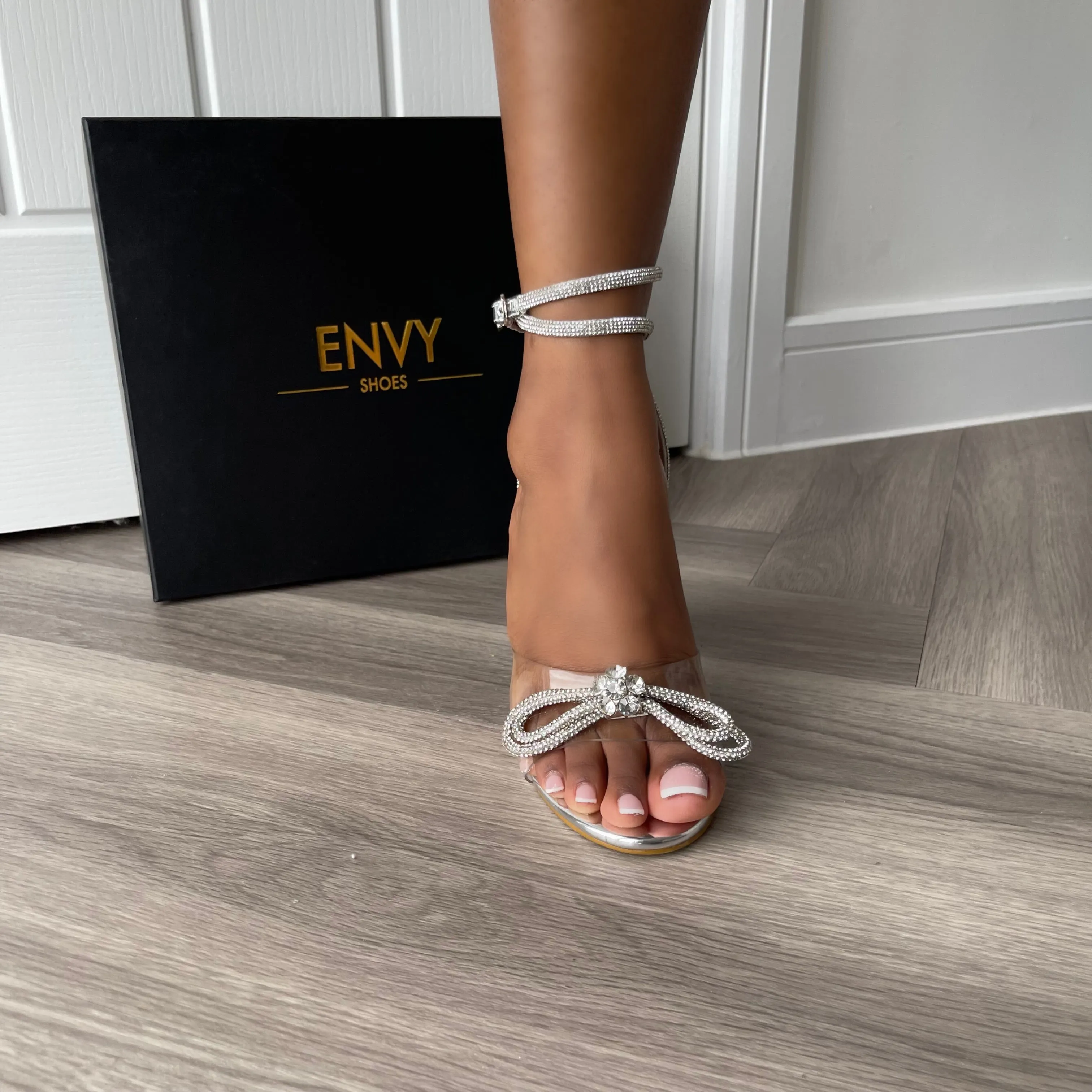 CANDICE SILVER LACE UP BLOCK DIAMANTE HEELS