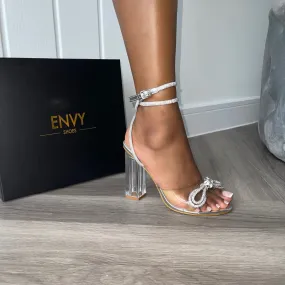 CANDICE SILVER LACE UP BLOCK DIAMANTE HEELS