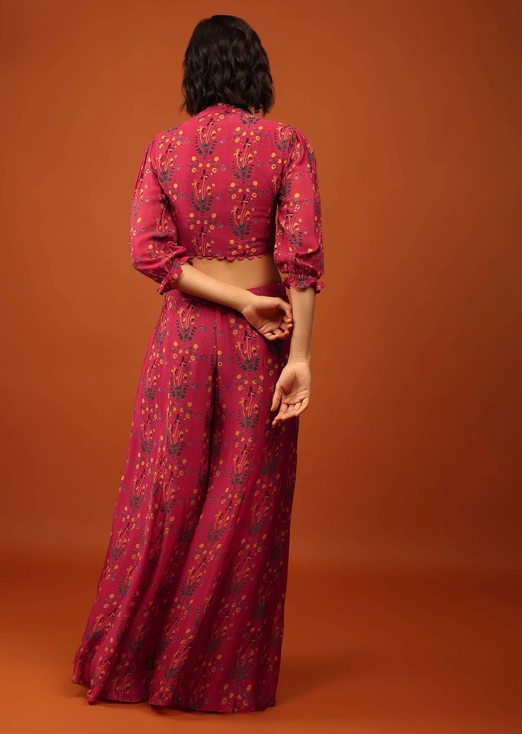 Carmine Red Print Blouse And Palazzo In V Neckline & Balloon Flute Sleeves With Embellishment