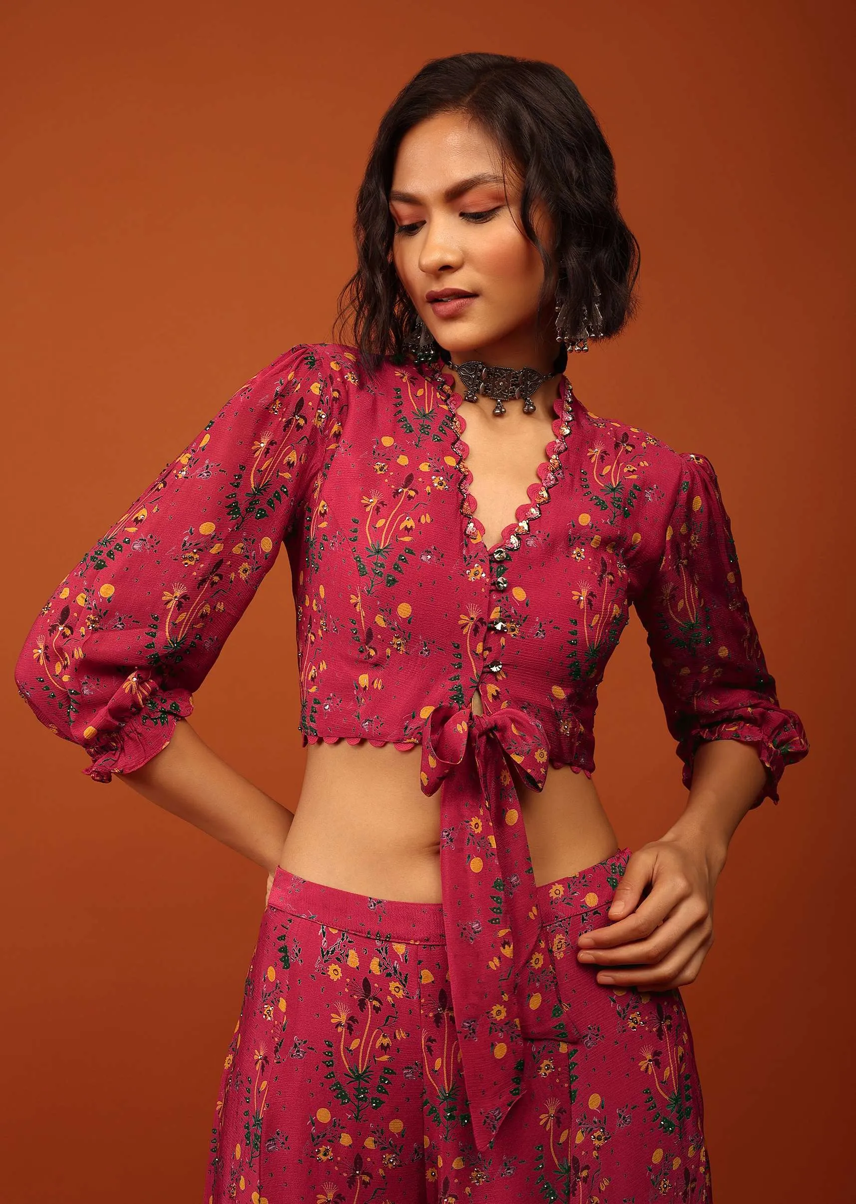 Carmine Red Print Blouse And Palazzo In V Neckline & Balloon Flute Sleeves With Embellishment