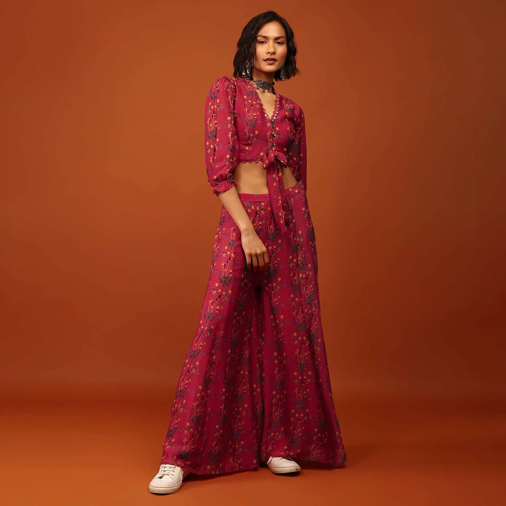 Carmine Red Print Blouse And Palazzo In V Neckline & Balloon Flute Sleeves With Embellishment