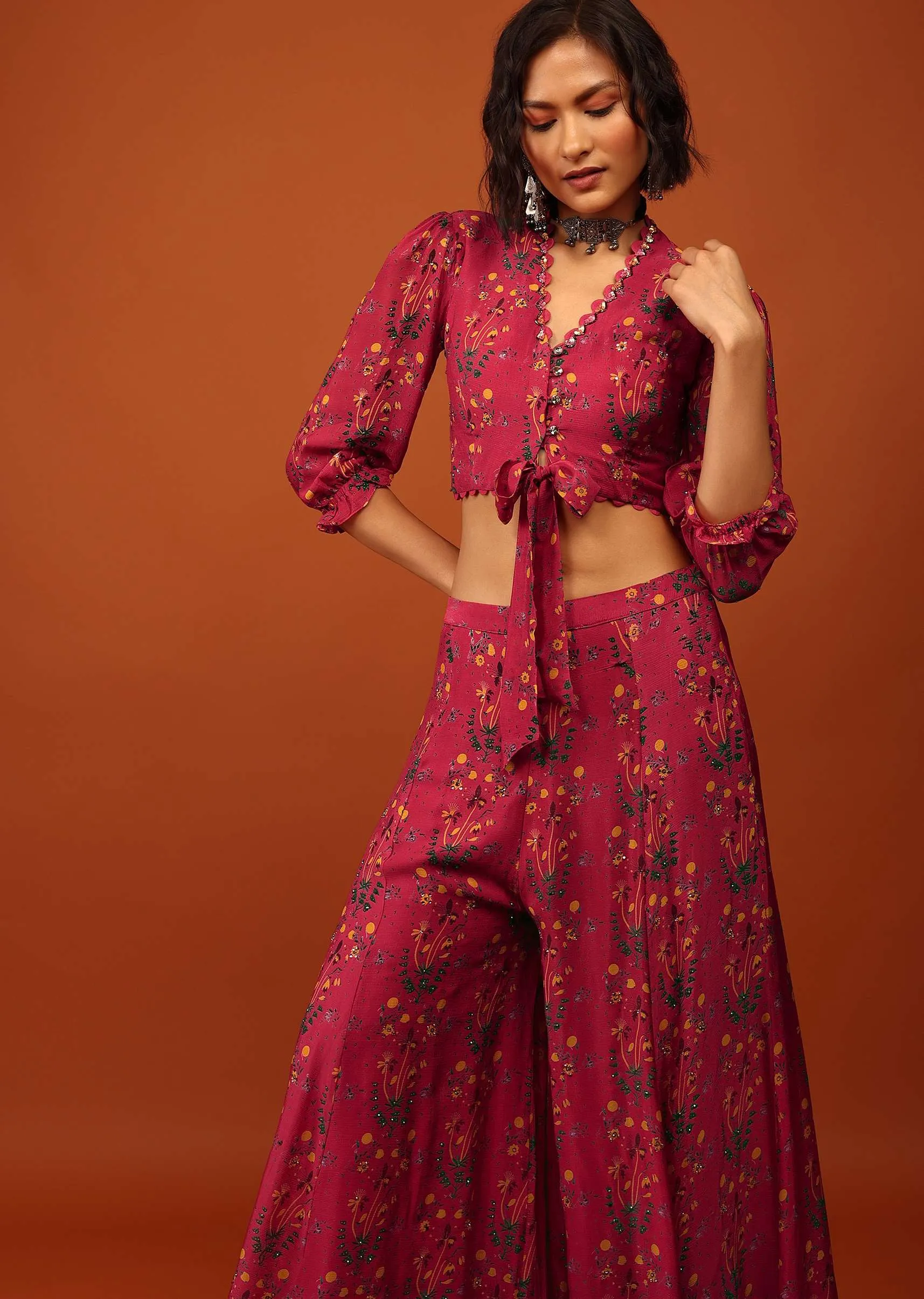 Carmine Red Print Blouse And Palazzo In V Neckline & Balloon Flute Sleeves With Embellishment