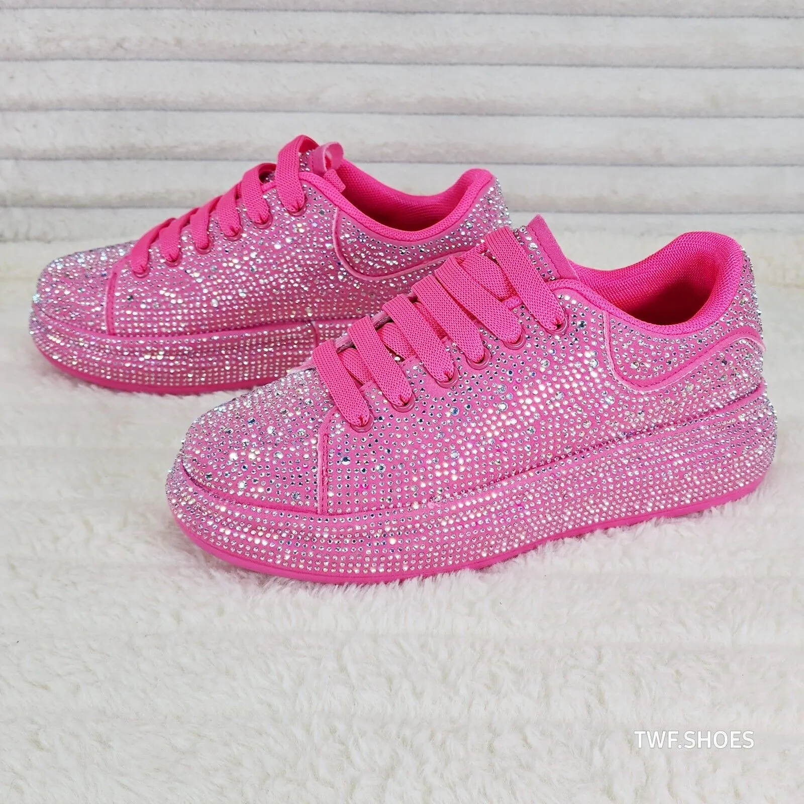 Dazzle Cush Bright Hot Pink Neon Rhinestone Comfy Platform Sneakers Tennis Shoes
