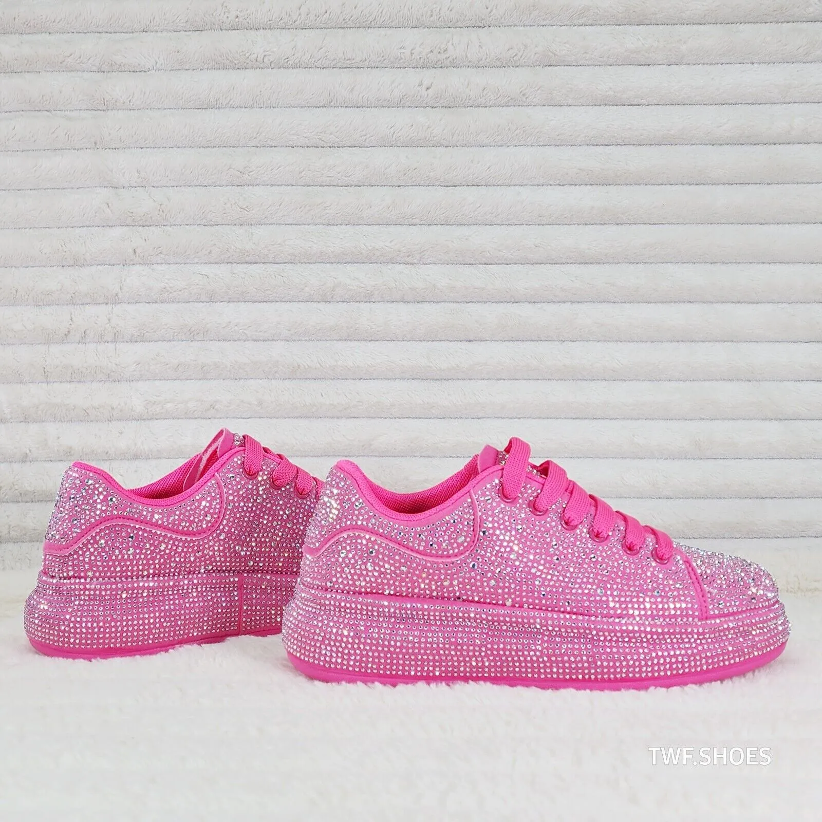 Dazzle Cush Bright Hot Pink Neon Rhinestone Comfy Platform Sneakers Tennis Shoes