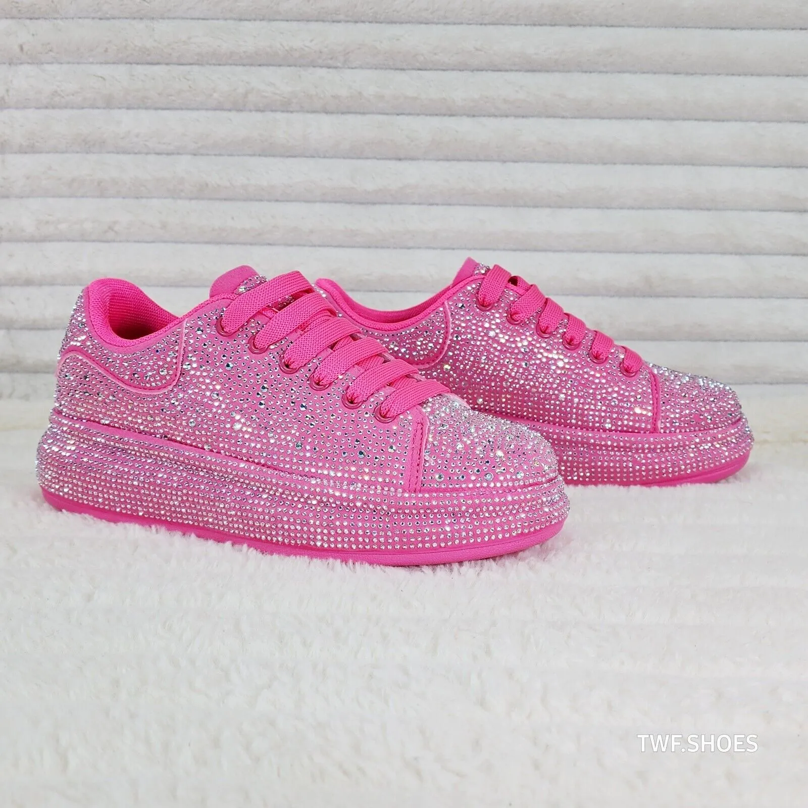 Dazzle Cush Bright Hot Pink Neon Rhinestone Comfy Platform Sneakers Tennis Shoes