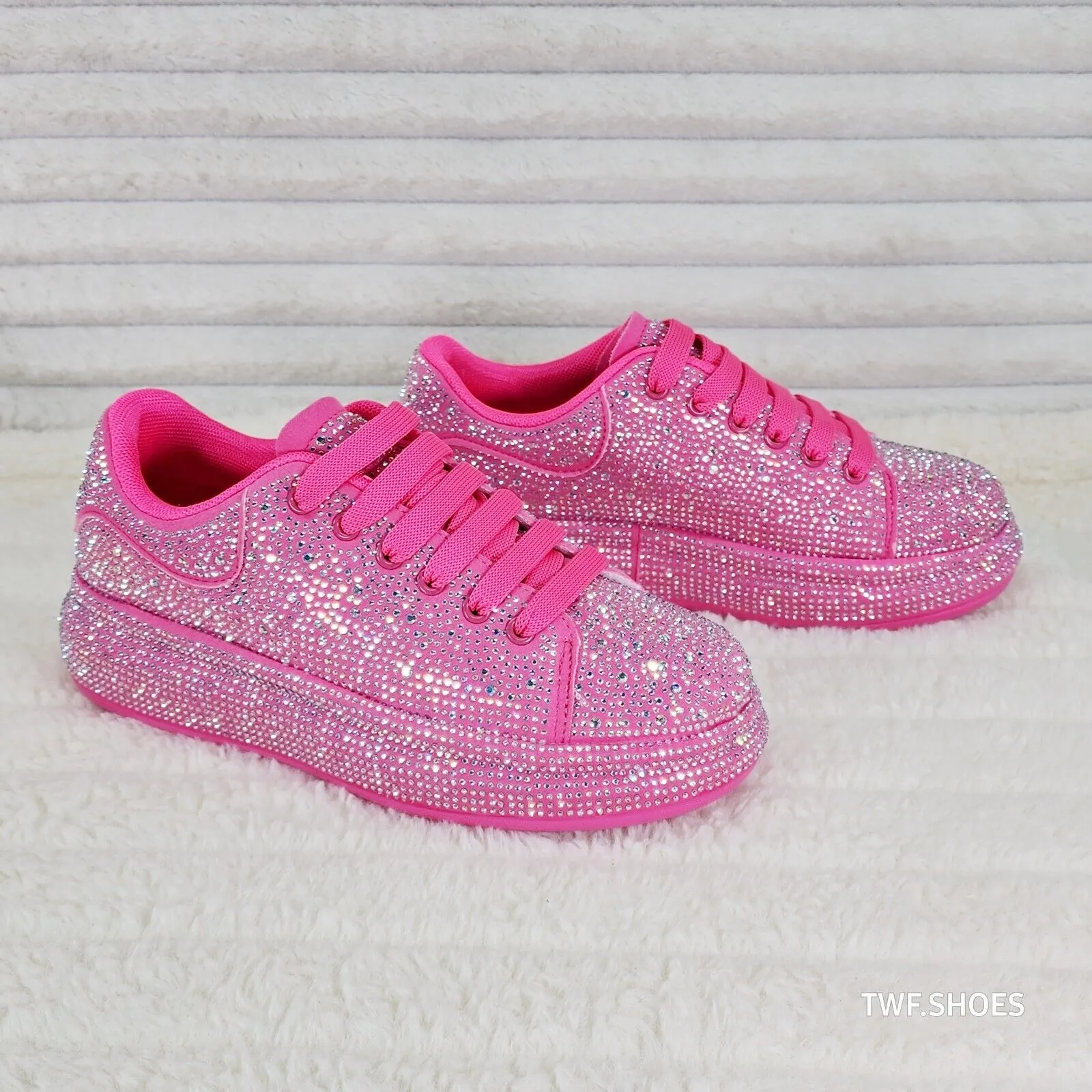 Dazzle Cush Bright Hot Pink Neon Rhinestone Comfy Platform Sneakers Tennis Shoes