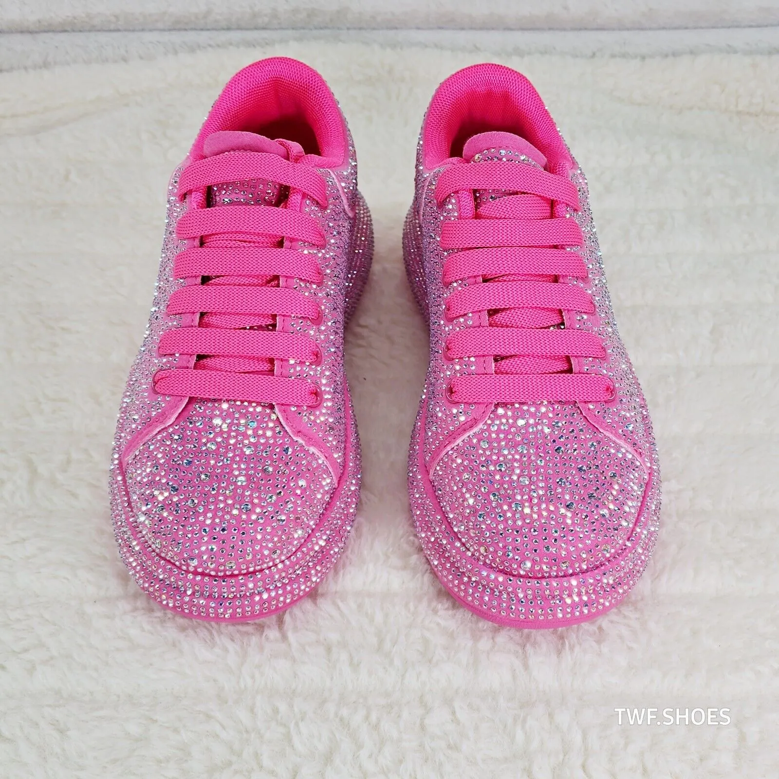 Dazzle Cush Bright Hot Pink Neon Rhinestone Comfy Platform Sneakers Tennis Shoes