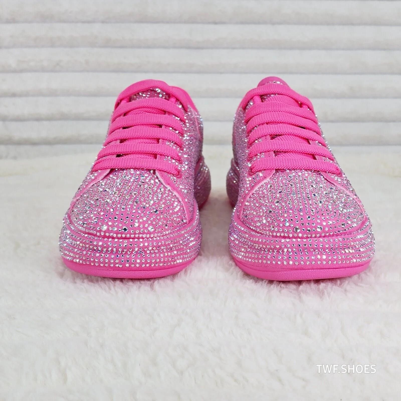 Dazzle Cush Bright Hot Pink Neon Rhinestone Comfy Platform Sneakers Tennis Shoes