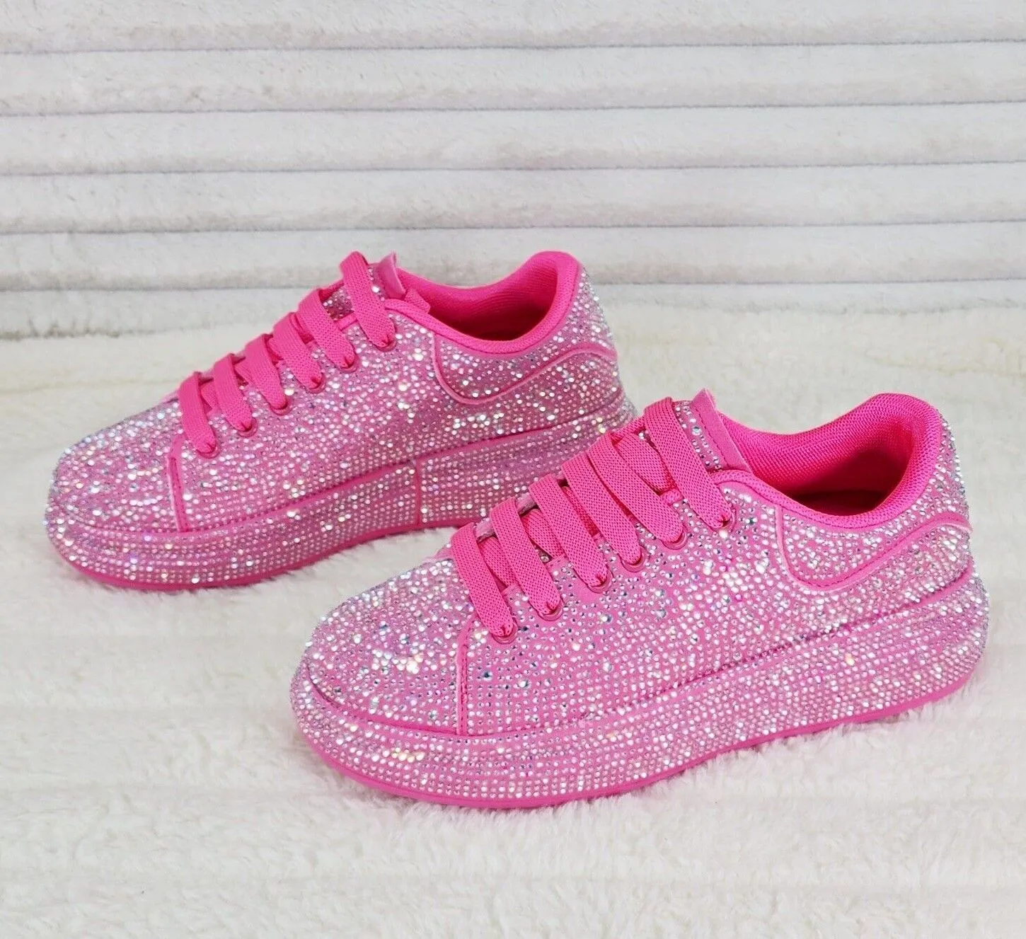 Dazzle Cush Bright Hot Pink Neon Rhinestone Comfy Platform Sneakers Tennis Shoes
