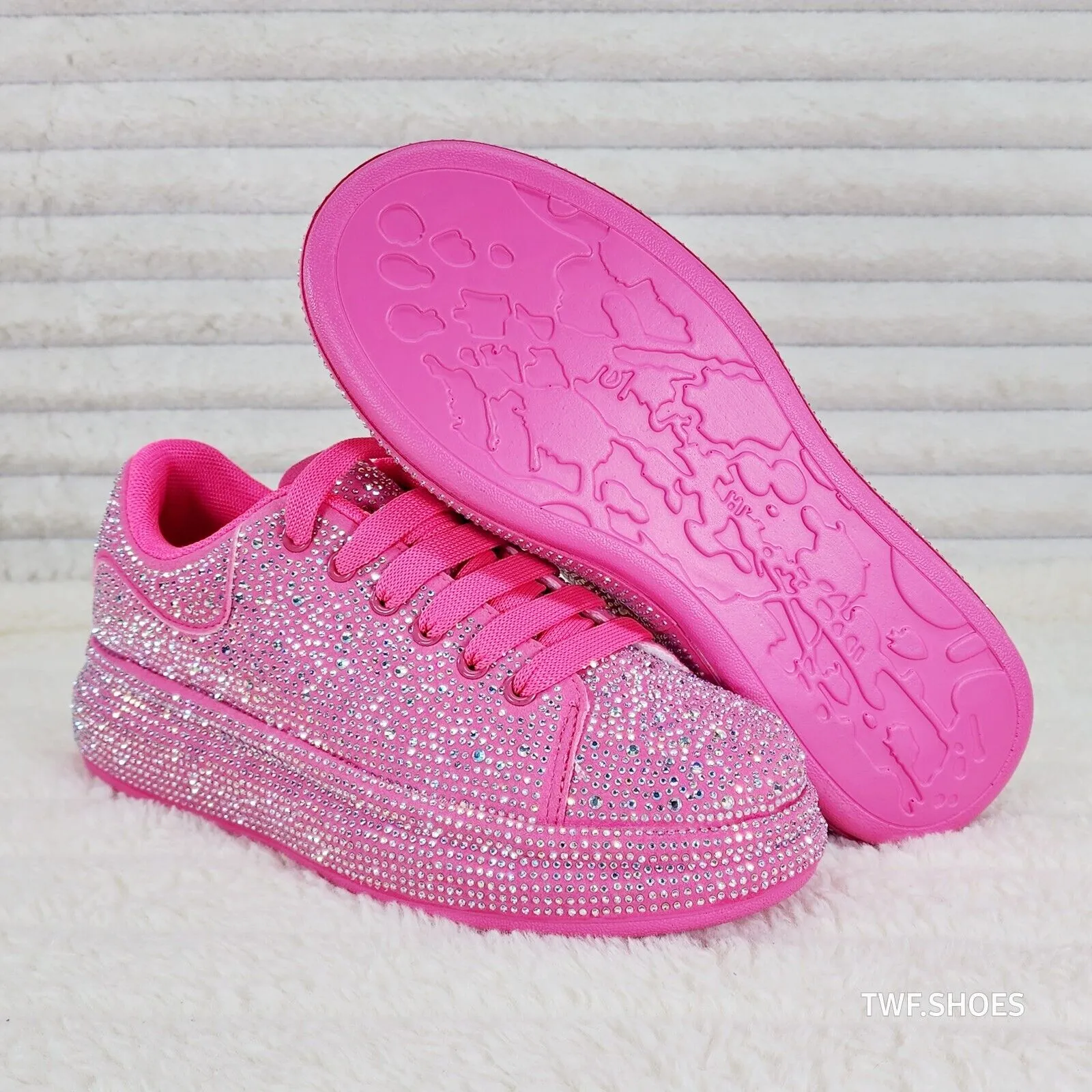 Dazzle Cush Bright Hot Pink Neon Rhinestone Comfy Platform Sneakers Tennis Shoes