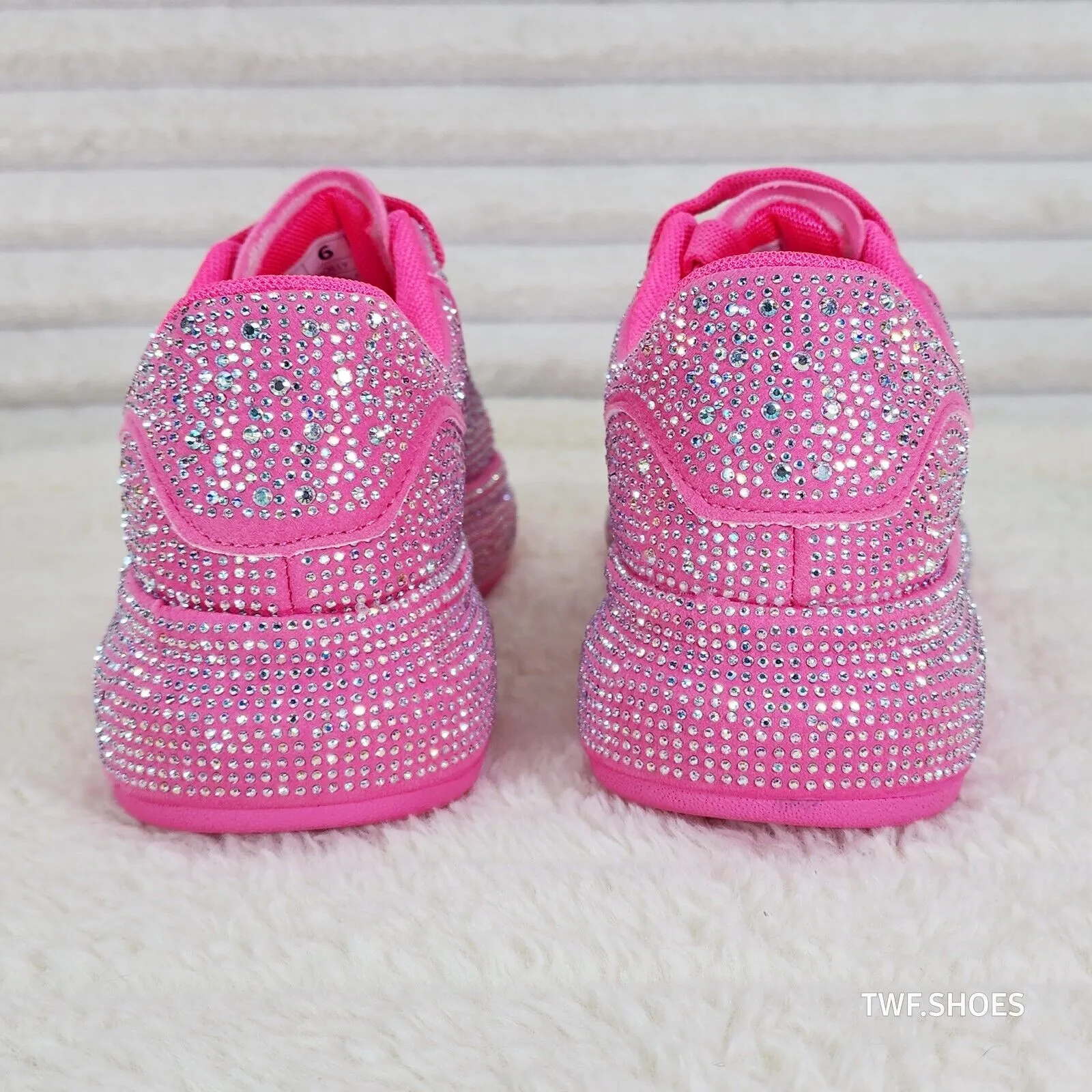 Dazzle Cush Bright Hot Pink Neon Rhinestone Comfy Platform Sneakers Tennis Shoes