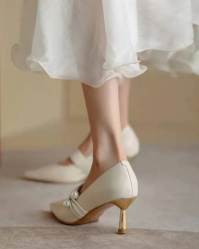 elveswallet Elegant Pearl-Adorned Thin High Heel Pointed-toe Pumps