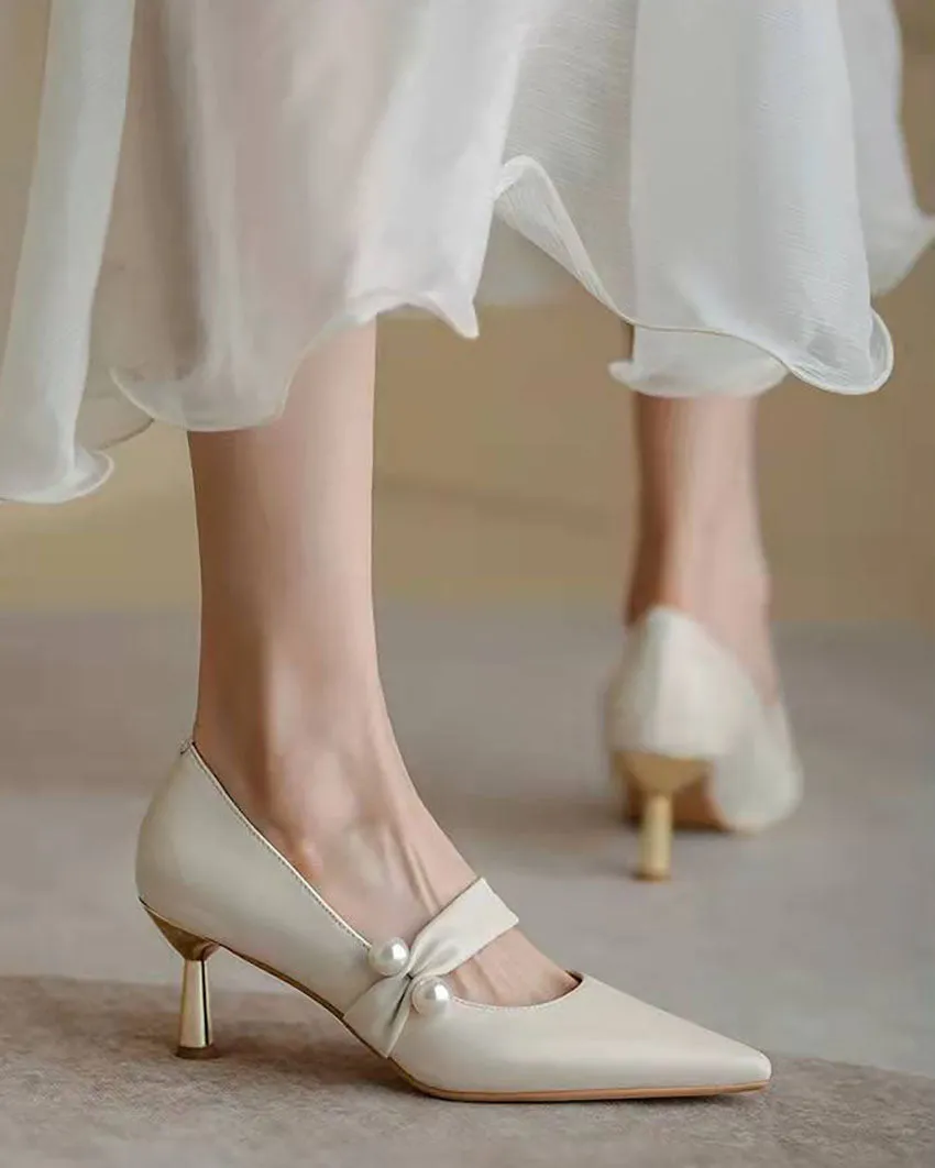 elveswallet Elegant Pearl-Adorned Thin High Heel Pointed-toe Pumps