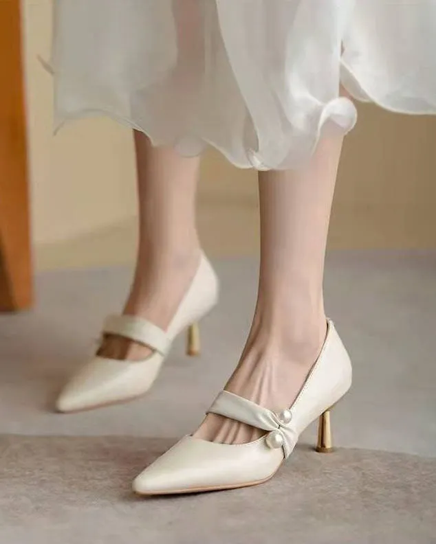 elveswallet Elegant Pearl-Adorned Thin High Heel Pointed-toe Pumps