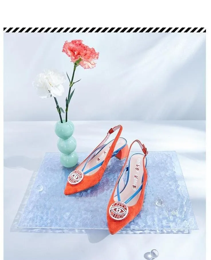 HOA spring new pointed toe round badge thick square heel kitten pumps - Lumi