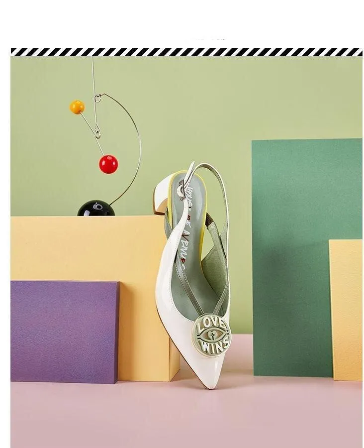 HOA spring new pointed toe round badge thick square heel kitten pumps - Lumi