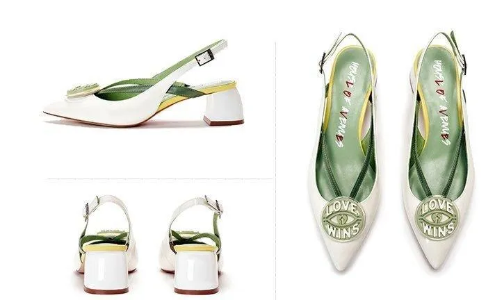 HOA spring new pointed toe round badge thick square heel kitten pumps - Lumi