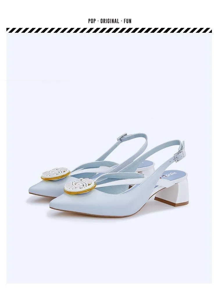 HOA spring new pointed toe round badge thick square heel kitten pumps - Lumi