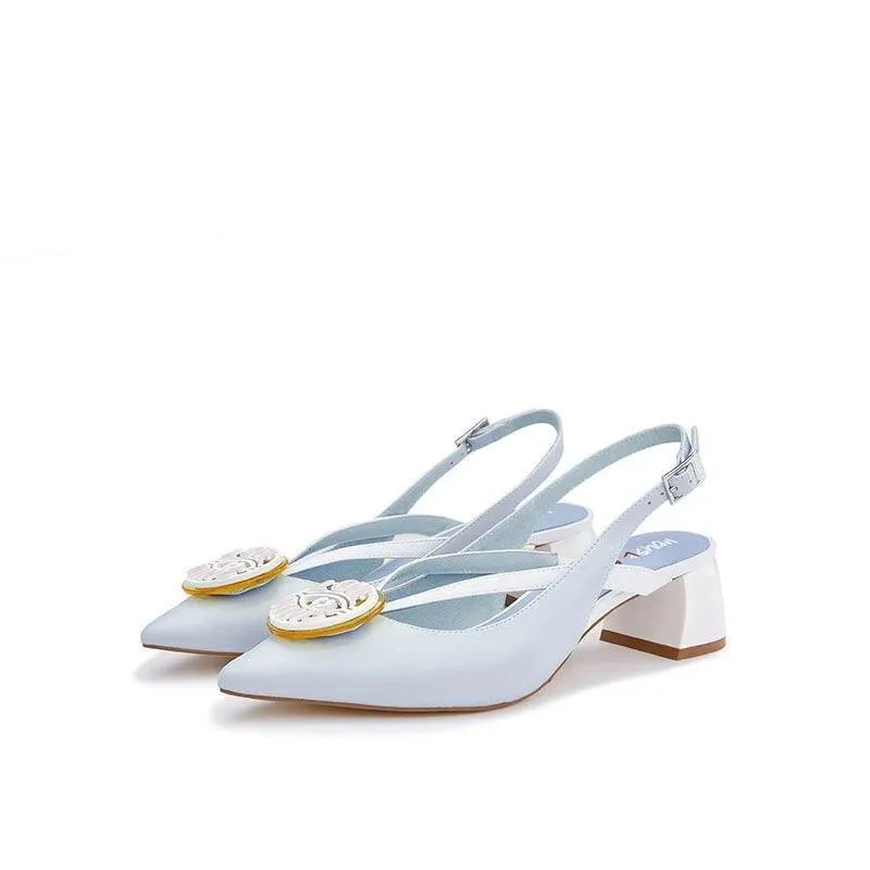 HOA spring new pointed toe round badge thick square heel kitten pumps - Lumi