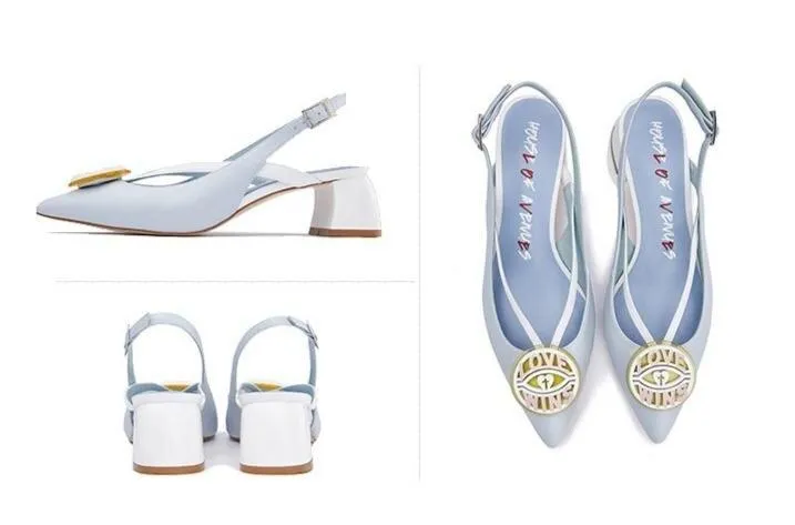 HOA spring new pointed toe round badge thick square heel kitten pumps - Lumi