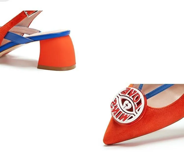 HOA spring new pointed toe round badge thick square heel kitten pumps - Lumi