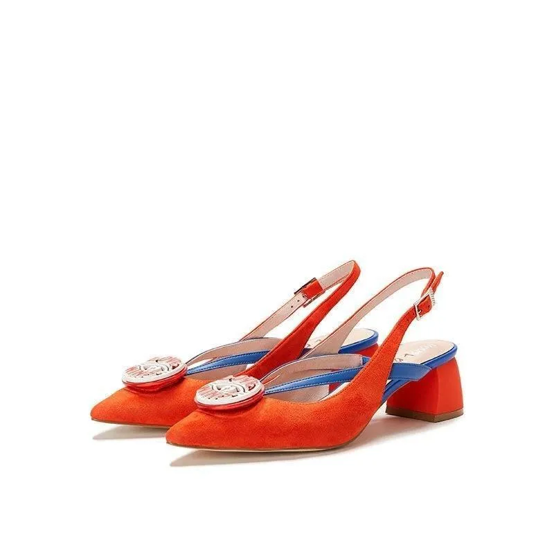 HOA spring new pointed toe round badge thick square heel kitten pumps - Lumi