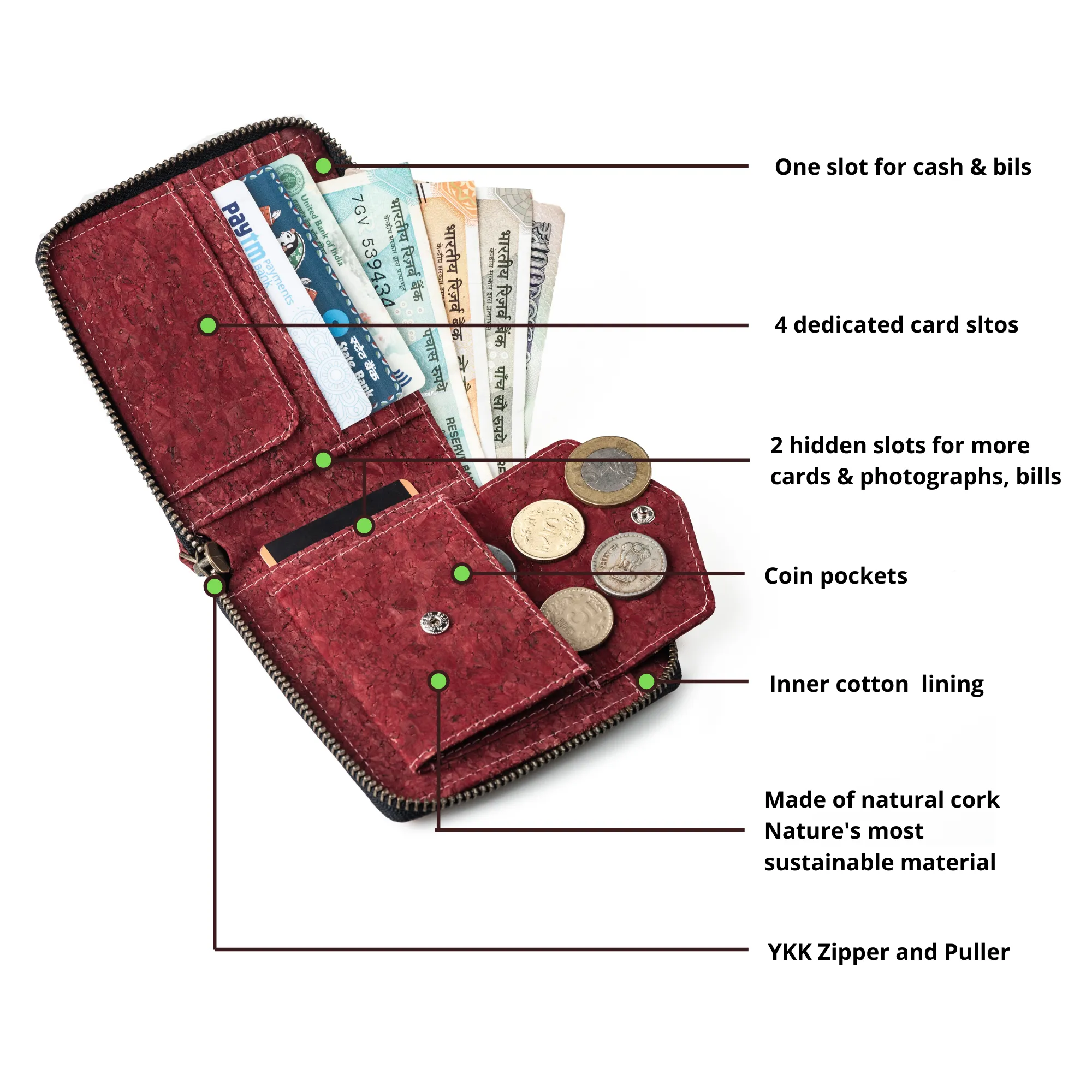 Kiwi Unisex Folding Zip Wallet | Cork Based | Water Resistant | Hand-Crafted | Unisex