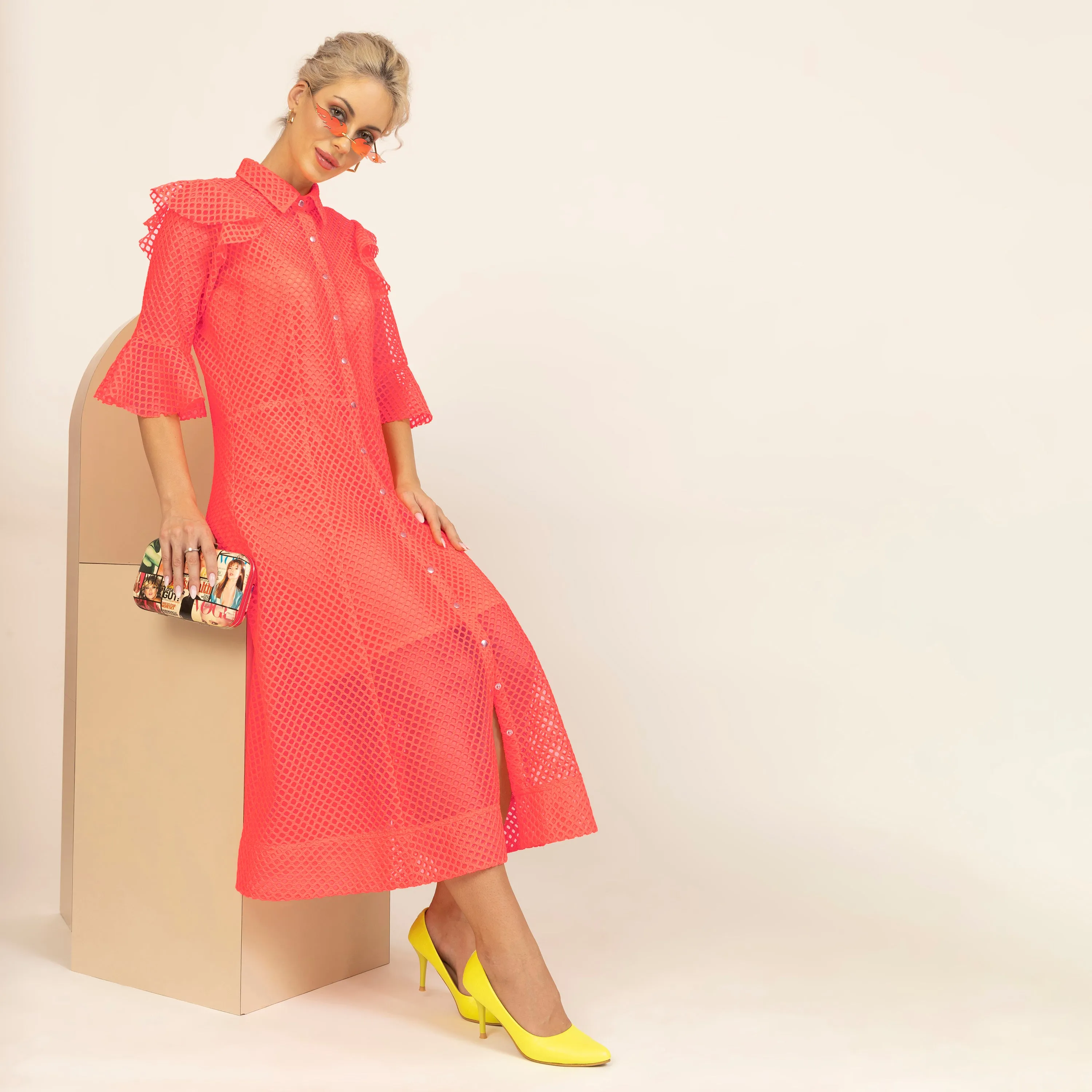 Neon Mesh Net Dress With Spaghetti