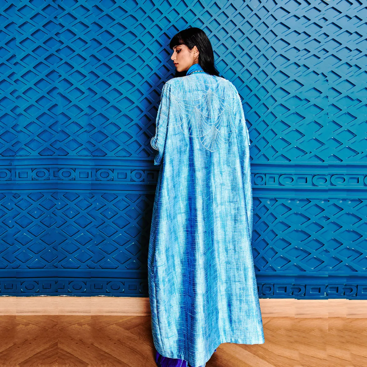 PEARLY SHELLS ON AZURE ABAYA