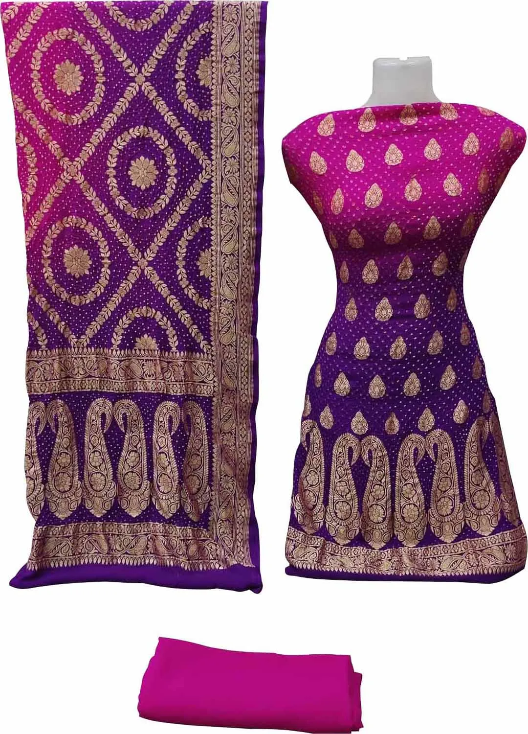 Pink & Purple Banarasi Bandhani Handloom Pure Georgette 3-Piece Suit