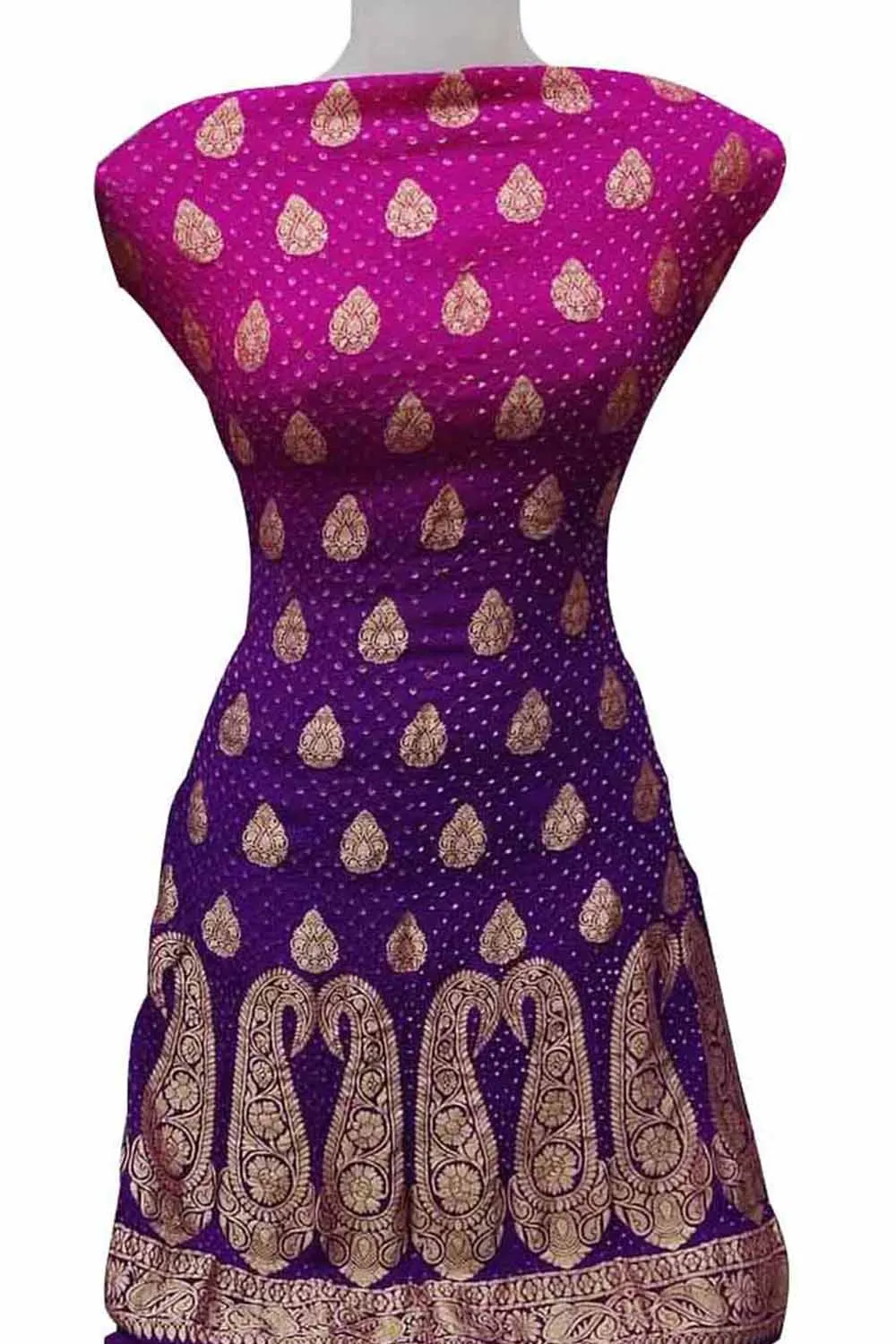 Pink & Purple Banarasi Bandhani Handloom Pure Georgette 3-Piece Suit