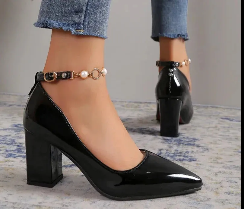 Pointed Toe Chunky Heels Pumps