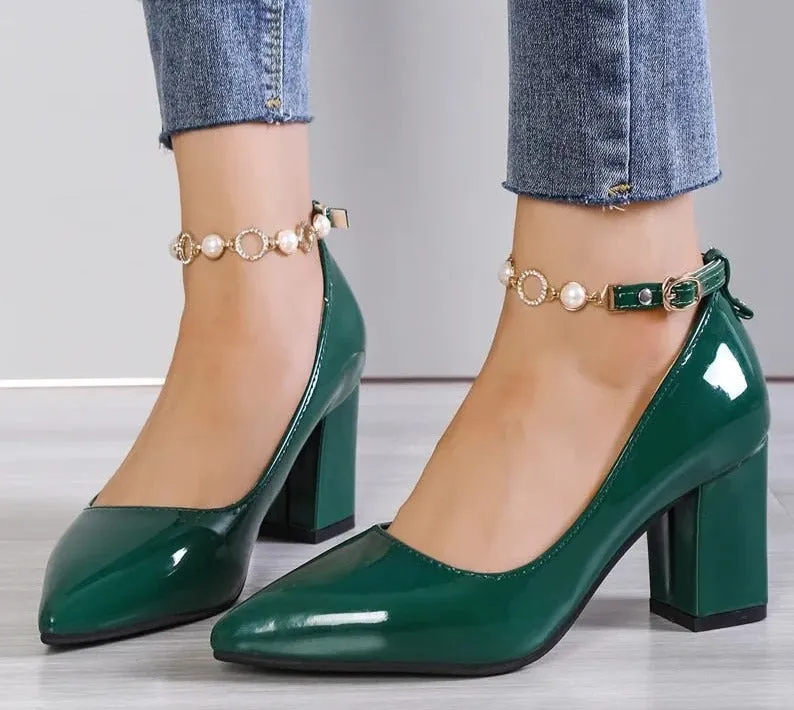 Pointed Toe Chunky Heels Pumps