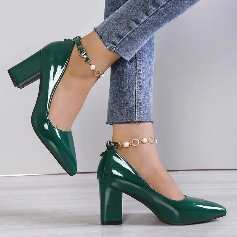 Pointed Toe Chunky Heels Pumps