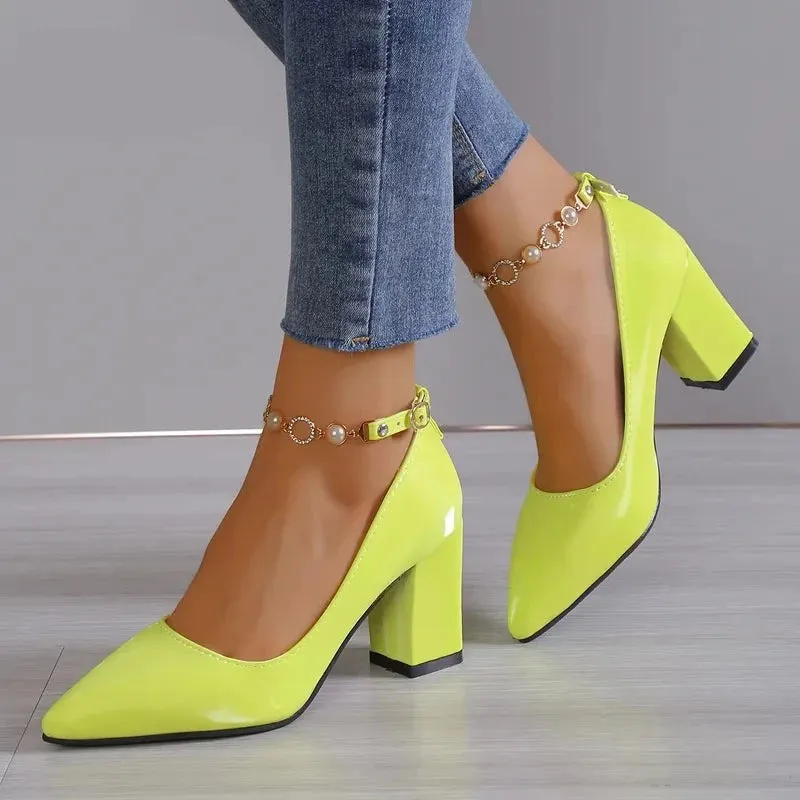 Pointed Toe Chunky Heels Pumps