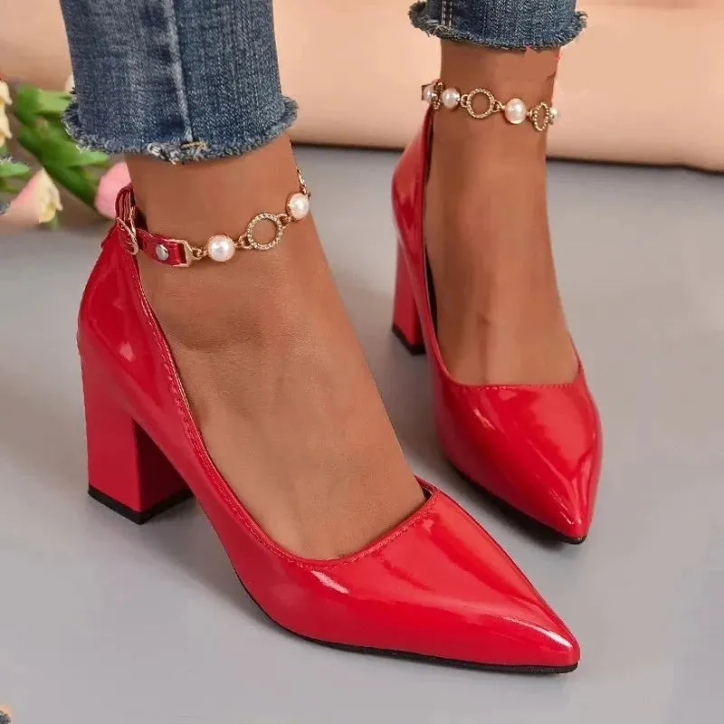 Pointed Toe Chunky Heels Pumps